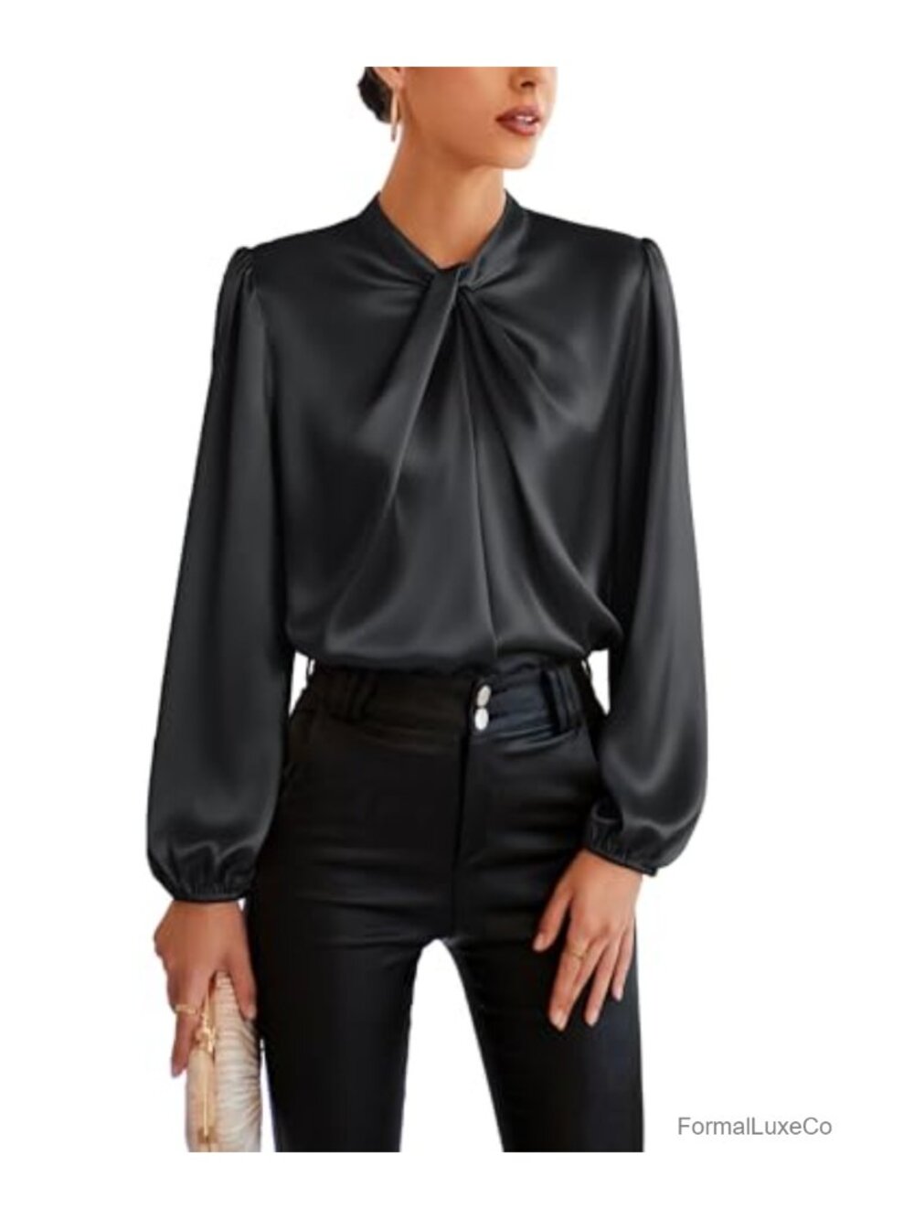 Satin Long Sleeve Business Casual Blouse Twist Neck Pullover Loose Fit